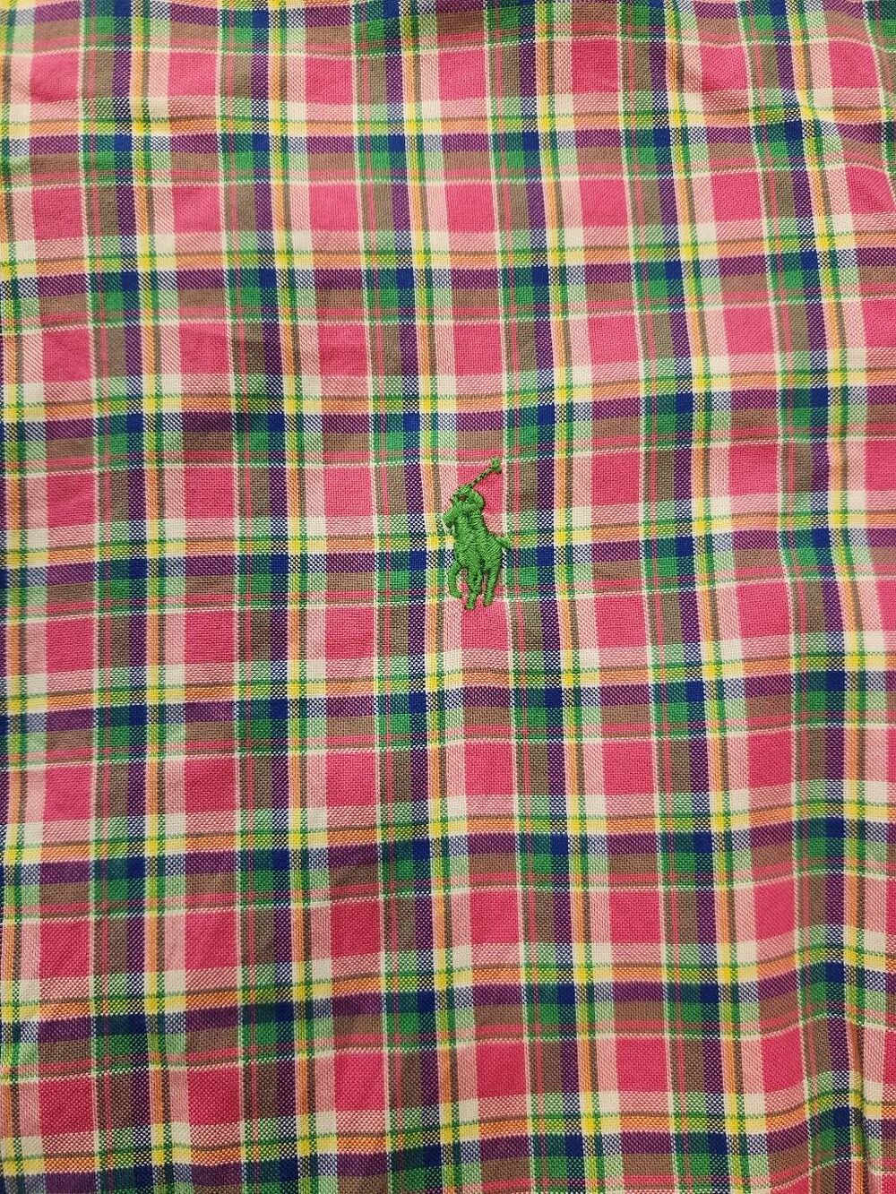 Ralph Lauren Polo Mens Medium Plaid Cotton Button up shirt Pink with Green pony